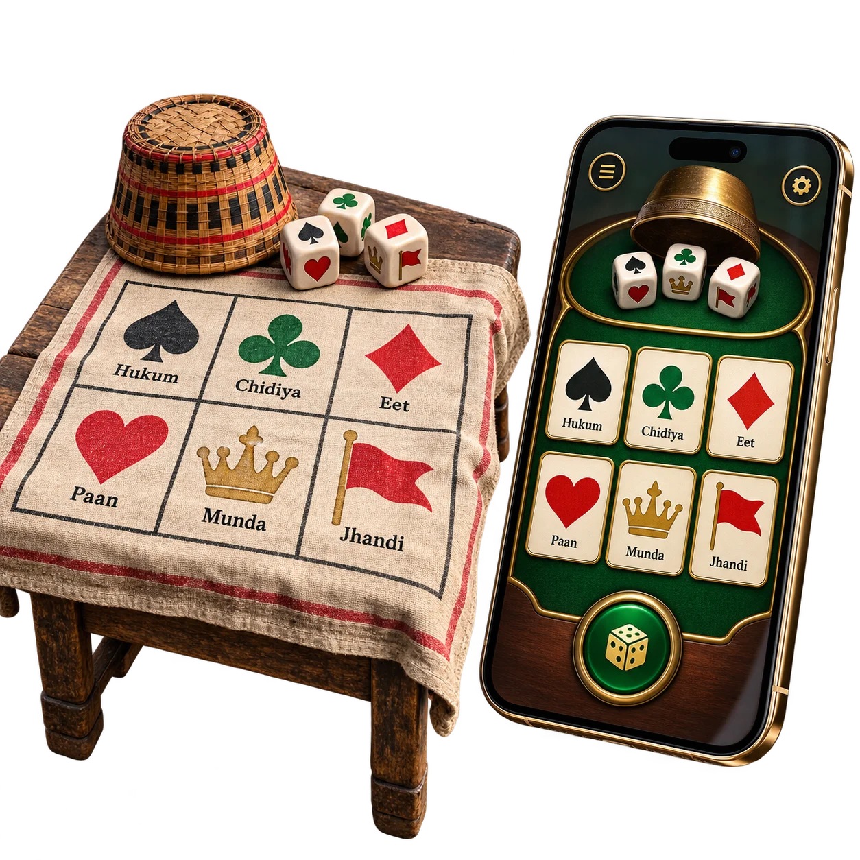 A traditional Jhandi Munda cloth board beside the app version of the same board