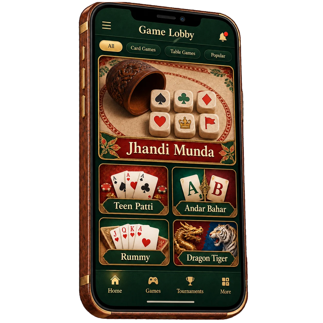 The app lobby with the Jhandi Munda table listed